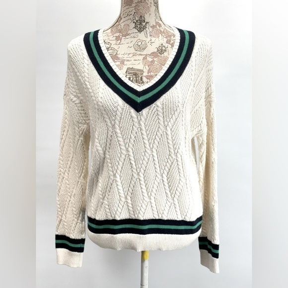 NICOLE MILLER Cream w/ navy & green trim V-Neck Cable Knit Sweater size M - Picture 1 of 12